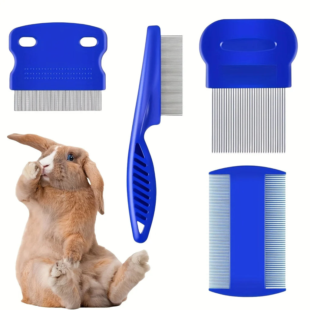Pack of 4 Flea and Lice Combs, Stainless Steel Rabbit Dog Cat Grooming Comb with Round Teeth, Double-sided Professional Pet Tear